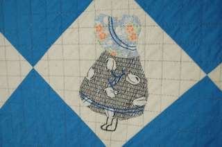   BLUE Sunbonnet Sue Antique Quilt Signed & Dated 1937, Hand Embroidery