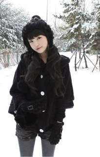 New Womens Cute Ear Cape style Faux Lamb Fur Coat Black  