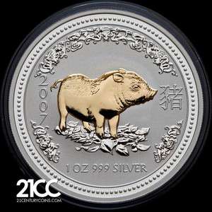2007 Year of the Pig $1 Silver Gilded Coin Lunar  