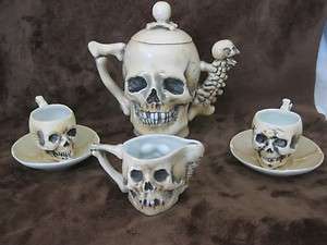 Rare Antique Late 1800s SKULLS Fine Porcelain Teapot Tea Cup Saucer 
