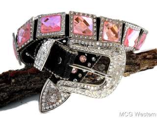   Black Genuine Leather Ladies Pink Western Bling Belt ~Large~  