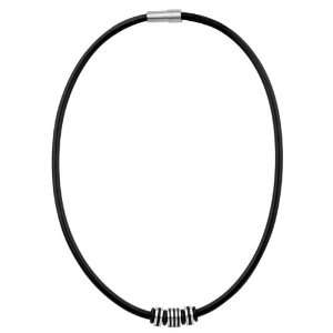 Rubber Necklace With Three Stainless Steel Bead Black PVD Lines   Size 