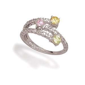  Rhodium Plated Split Band Ring Size 7 with Green, Pink and 