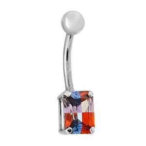   Rainbow Cubic Zirconia EMERALD CUT 14K White Gold Belly Button Ring
