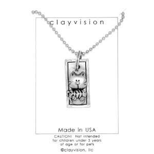  Clayvision Cat with Fishbone Rectangle Pendant Necklace 
