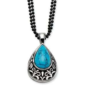 Stainless Steel Synthetic Turquoise & Black Resin Teardrop 24in Double 