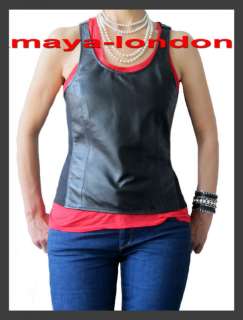 Womens Designer Black Leather T shirt Vest Top 10 to 16  