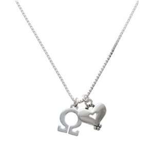  Greek Letter Omega and Silver Heart Charm Necklace 