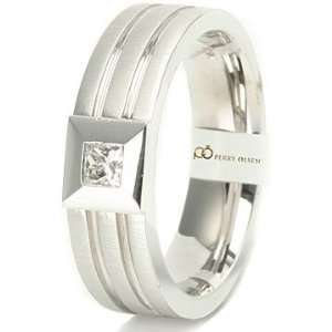   White Gold Dual Grooved Inlay High End Mens Diamond Wedding Ring, 14