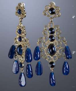 Kenneth Jay Lane blue cabochon clip on chandelier earrings  BLUEFLY 
