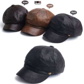 New Vintage Faux Leather Cap Newsboy Black Brown Men Women Golf Hat 