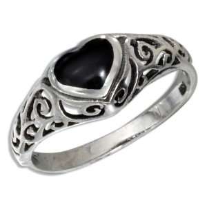    Sterling Silver Filigree Onyx Heart Dome Ring (size 06): Jewelry