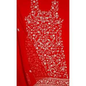  Red Salwar Suit with White Floral Embroidery   Crepe 