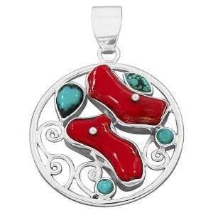 925 Sterling Silver Natural Coral Turquoise Gemstone Pendant Artisan 