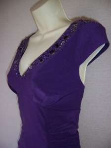   Purple Stretch Jersey Beaded Ruched Cocktail Party Dress 12 NEW  