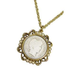  Silver Barber Dime Goldtone Pendant with Crystals 24 