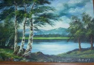 Lg Vintage 24 x 36 PAINTING On Canvas In WOOD FRAME LAKE w/BIRCH TREES 