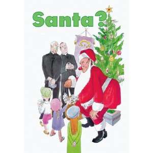 Santa Gives Toys to Children while Two Priests Look on 12x18 Giclee on 