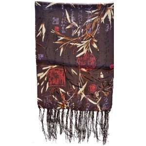  Chinese Brown Bamboo and Calligraphy Silk Scarf 
