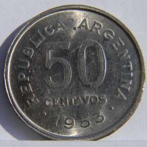 ARGENTINA 1953 nickel clad 50 Centavos, 2nd year of issue; AU  