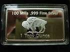   Oz .999 100 Mills Silver Clad U.S. AMERICAN BUFFALO Art Gem BU Bar