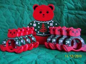   Red Wooden Teddy Bear Napkin Rings Matching Wooden Storage Box  