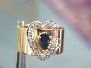 Vintage 14k yg cigar band ring w sapphire diamond heart  