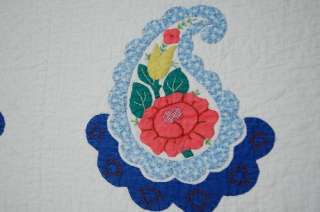   Floral Paisley Applique Hand Stitched Antique Quilt ~NICE BLUE  