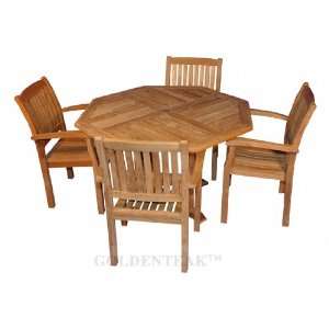 Teak Octagon Table (52D), 4 Teak Stacking Chairs:  Home 