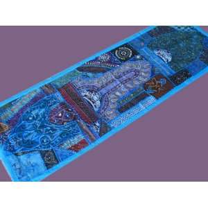   BLUE BEADED TABLE RUNNER WALL TAPESTRY HANGING THROW