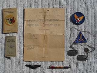 WWII IDED AIR CORPS GROUP   WINGS, PATCHES, DOG TAGS, PAPER, YUMA AB 