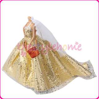 Pretty Princess Wedding Clothes Gown Dress w/ Veil Bag Set for Barbie 