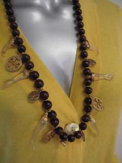 Tory Burch Brown Wood Bead/Gold Metal Clear Plastic Charm Necklace 