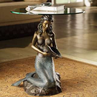  Top Mermaid & Seashell Nautical End Side Table in Bronze & Verde Green