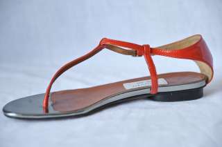 LANVIN Orange&Silver Patent Leather T Strap Thong Flat Shoe 36.5 6.5 