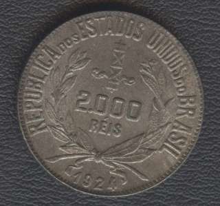 BRAZIL RARE COIN 2000 REIS 1924 SILVER HIGH GRADE  