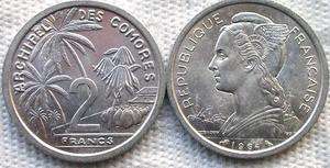 French Comoros 1964 2 Francs Coin,UNC  