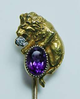   Lion Leo Old European Diamond Amethyst Stick Pin 14K Gold  