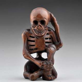   Wood Boxwood Sculpture Carving Statue Netsuke Sitting Skeleton  
