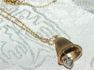   ANTIQUE 14K Gold Bell Necklace with Chip Diamond Jewelry OLD  
