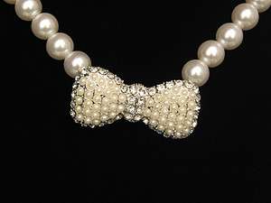 Crystal Bow Tie Pendant Imitation Pearl Bead Necklace  