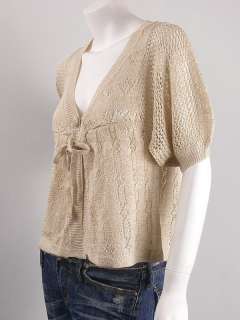 Beige Short Sleeved Crocheted Sweater Cardigan M  