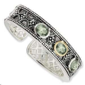  Sterling Silver and 14k 8.10ct Green Amethyst Cuff 