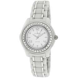 Le Chateau Womens All White Ceramic Watch with Zirconia Studded Bezel 