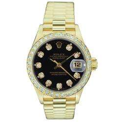 Pre owned Rolex Womens President 18k Gold Black Diamond Dial Watch 