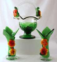 Vintage Set Murano Art Glass Peony Basket w/ 2 Vases  