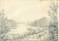 19thc Historical Pencil Drawing People Lake Sunapee NH  