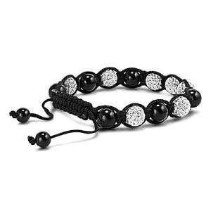   Onyx & Black String w/ White Rhinestone Beads Shamballa Bracelet 8MM