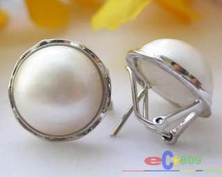 REAL 20MM WHITE SOUTH SEA MABE PEARL EARRING SILVER  