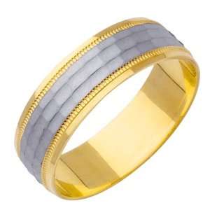 14K Two Tone Gold Hammered Wedding Band (7 mm): Jewelry